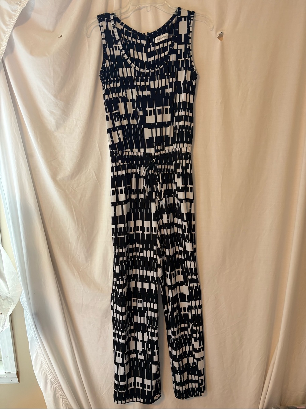 Calvin Klein Black and White Geometric Sleeveless Jumpsuit